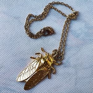Bright Heavy Gold Tone Plating Cicada Bug Insect Necklace Spiritual Meaning NWOT